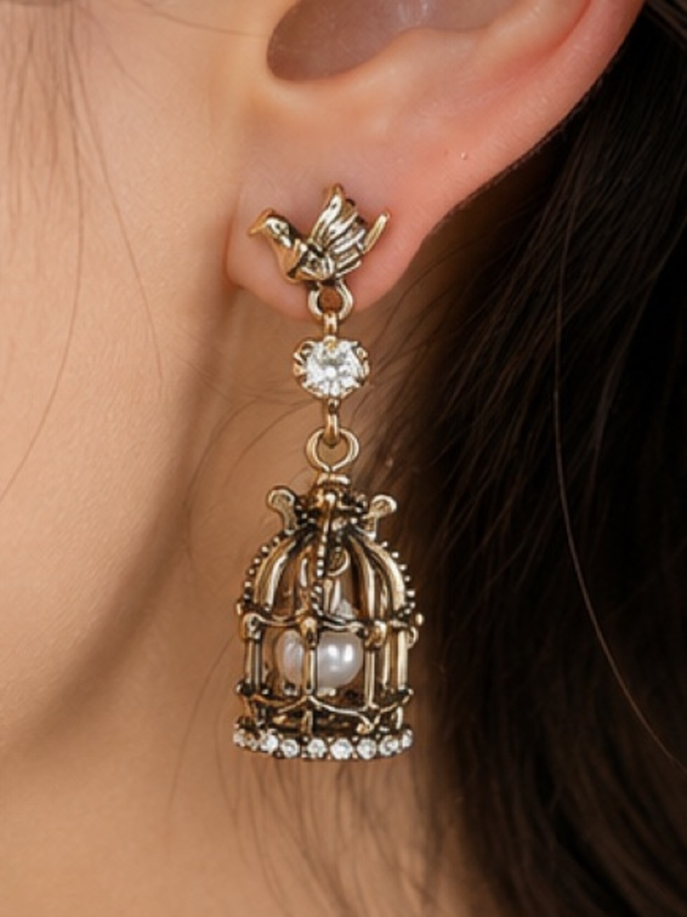 Vintage Gold Bird Pearl Earrings with Crystal Birdcage Charm - Picture 4 of 7